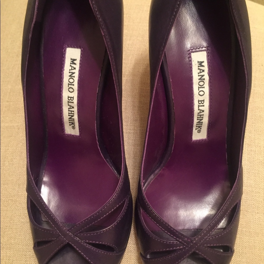 Manolo Blahnik Purple Leather Peep-Toe Heels